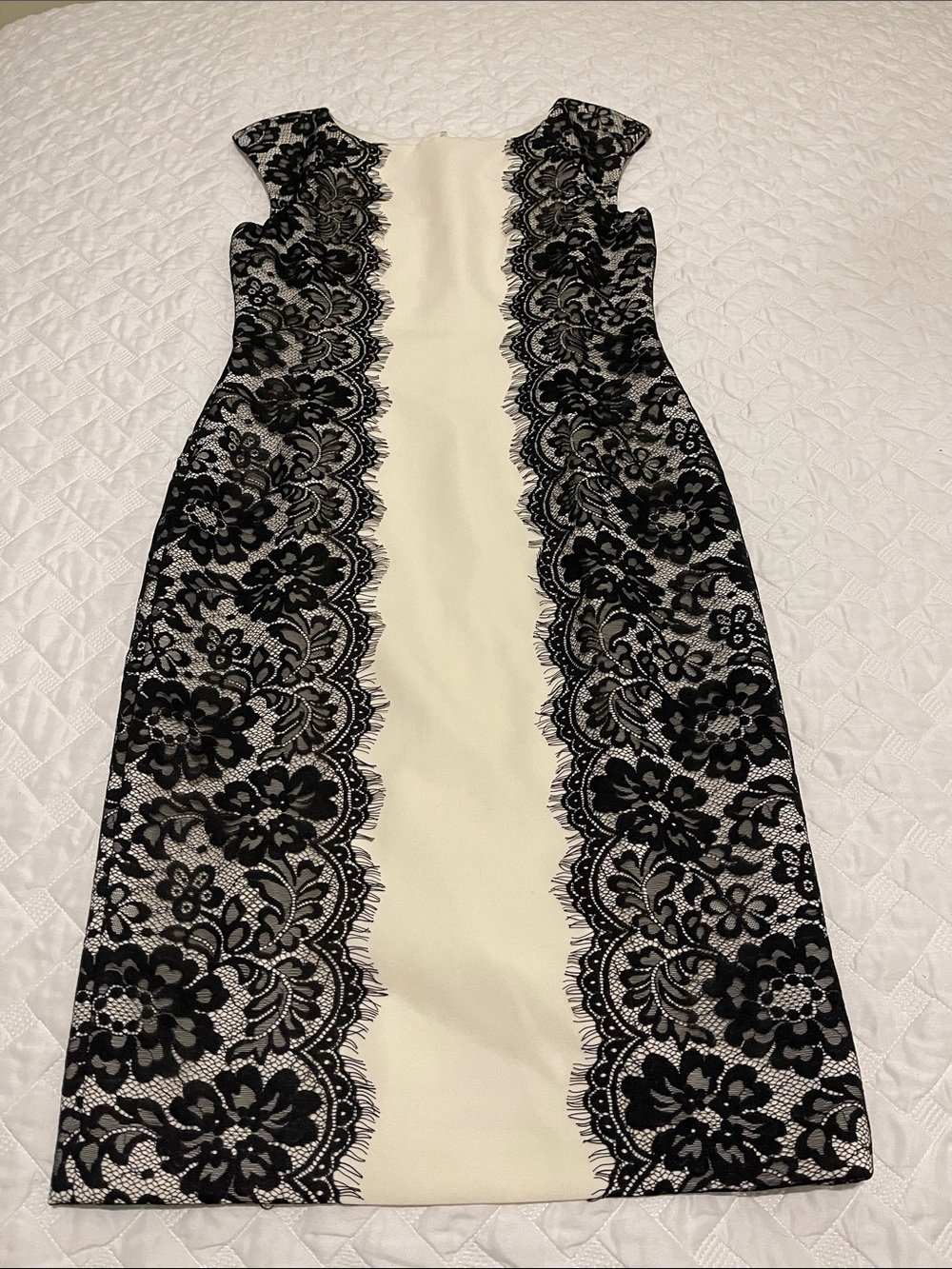 White House Black Market Black Lace-Trim Cream Sheath Dress
